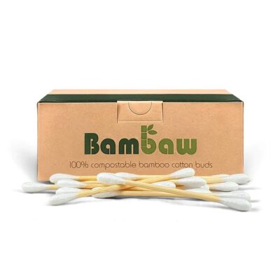 200 Bambaw bamboo organic cotton swabs Infront of unbleached cardboard packaging
