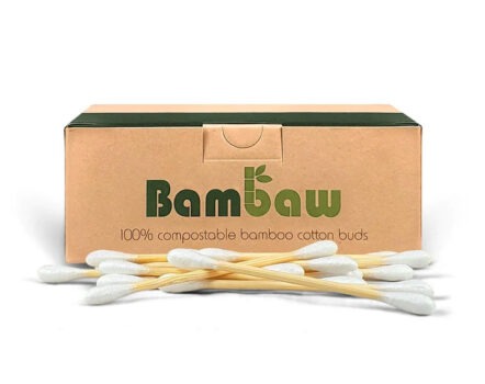 200 Bambaw bamboo organic cotton swabs Infront of unbleached cardboard packaging