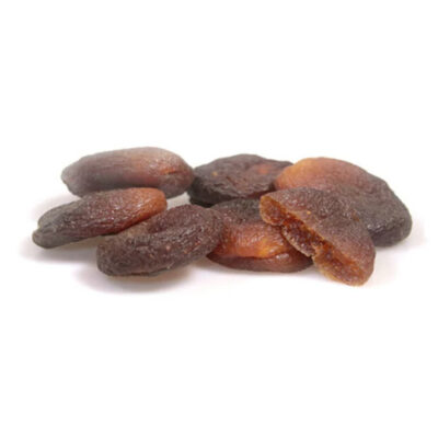 A close-up image of several dried apricots, showcasing their rich, deep orange color and slightly wrinkled texture.