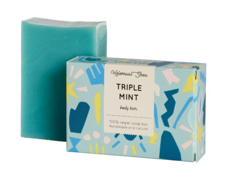 blue triple mint soap bar next to blue cardboard box