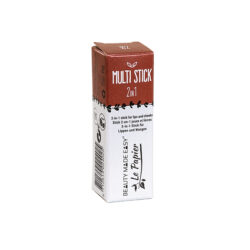 The packaging box for a multi-use cosmetic stick with the text '2-in-1 stick for lips and cheeks,' highlighting its natural and sustainable design