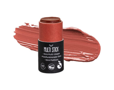 multi-stick makeup product with a swatch showing a creamy reddish-brown color with a subtle pink undertone