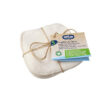 white organic cotton terry cloth and flannel reusable baby wipes, tied with compostable string with Zelio tag attached.