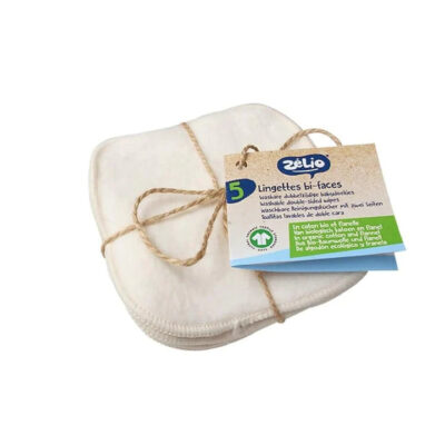 white organic cotton terry cloth and flannel reusable baby wipes, tied with compostable string with Zelio tag attached.