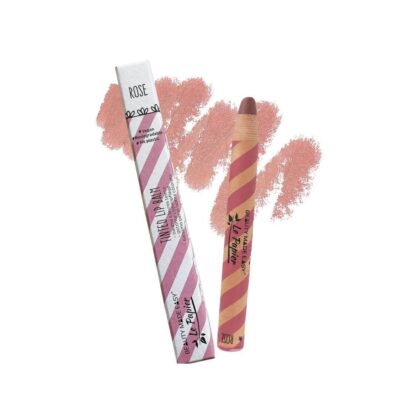 A tinted lip balm labeled "ROSE" with visible product next to its striped pink and white box, emphasizing vegan, biodegradable, and no plastic qualities. The balm swatch shows a natural, sheer pink, suggesting a soft color payoff.