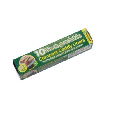 green cardboard box with yellow lettering containing 20 biodegradable 30L compost caddy liners
