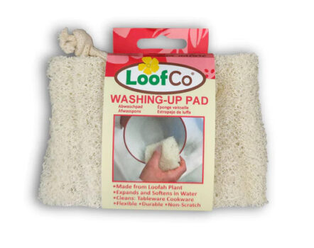 Beige washing up loofah in red and beige packaging