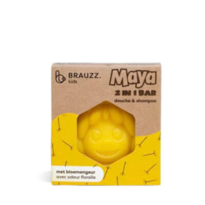 Maya the bee 2-in-1 shower bar for kids. Yellow shower bar with Maya's face showing through opening in cardboard packaging