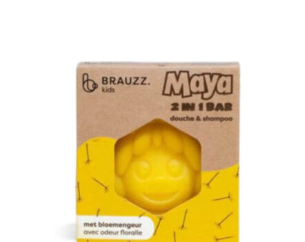Maya the bee 2-in-1 shower bar for kids. Yellow shower bar with Maya's face showing through opening in cardboard packaging