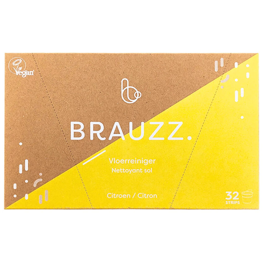 BRAUZZ plastic free floor cleaner strips in a cardboard brown and yellow box