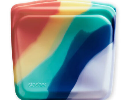 Stasher silicone sandwich storage bag in rainbow wave pattern