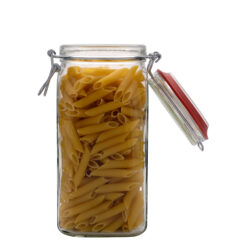 A 1540ml swing-top glass jar filled with penne pasta, with the lid open and tilted to the side, showcasing the jar's capacity and seal.