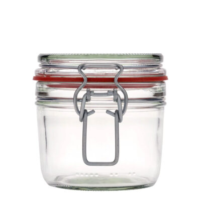 A 400ml swing top glass jar with a metal clip and a red rubber seal, perfect for storing bulk food items. The jar is empty and closed, showcasing its compact and sturdy design