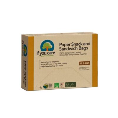 A box of If You Care compostable paper snack and sandwich bags, containing 48 unbleached, chlorine-free, and greaseproof bags. The box highlights the natural barrier properties and suitability for various snacks and sandwiches