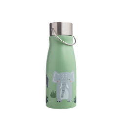 A light green stainless steel kids drinking bottle featuring a playful jungle motif with an elephant and a hippo, surrounded by greenery, equipped with a stainless steel cap and handle.