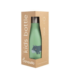 The same green kids drinking bottle with a jungle design is shown in its cardboard packaging, with "kids bottle" and "Tranquillo" branding.