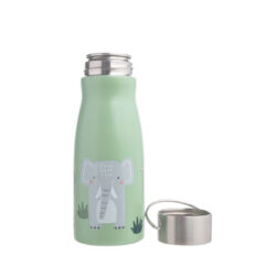 A light green stainless steel kids drinking bottle featuring a playful jungle motif with an elephant and a hippo, surrounded by greenery. The cap lays next to the bottle.