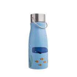 A light blue stainless steel kids drinking bottle featuring a fun sea motif with a whale and small fish, equipped with a stainless steel cap and handle.