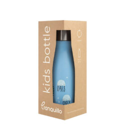 A light blue stainless steel kids drinking bottle featuring a fun sea motif with a whale and small fish in a brown carton box.