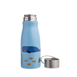 A light blue stainless steel kids drinking bottle featuring a fun sea motif with a whale and small fish, equipped with a stainless steel cap and handle. The cap of the bottle lays to the side.