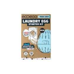 A fresh linen-scented ecoegg laundry egg starter kit, featuring a white egg-shaped container filled with mineral pellets and two detox cleaning tablets for the washing machine.