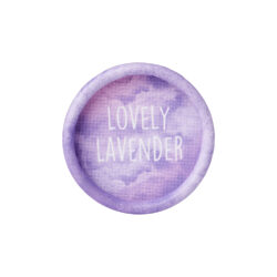A round, lavender-colored deodorant cap with "Lovely Lavender" written across it, representing the calming scent of wild lavender.