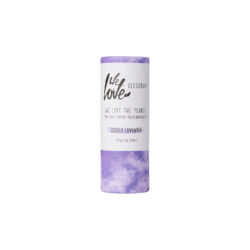 A cylindrical, lavender-themed natural deodorant stick from We Love the Planet, labeled as Lovely Lavender with 100% natural ingredients