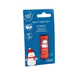 Beauty Made Easy 'Cheery' lip balm in festive blue packaging with a cute penguin illustration, labeled as vegan, plastic-free, and climate-neutral, perfect for holiday gifting