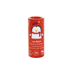 Beauty Made Easy 'Cheery' lip balm in festive blue packaging with a cute penguin illustration, labeled as vegan, plastic-free, and climate-neutral, perfect for holiday gifting Close Up