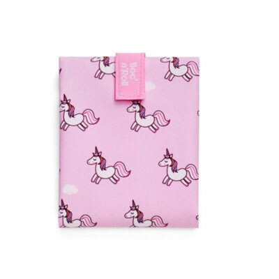 Pink reusable Boc’n’Roll sandwich wrap with a unicorn pattern and Velcro closure, folded and ready for use.