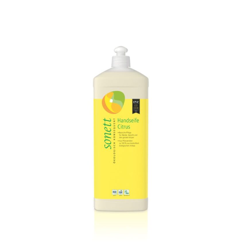 Sonett Hand Soap Citrus 1L bottle with a yellow label, featuring a citrus logo and eco-friendly packaging. The soap is made with natural ingredients and essential oils, providing a refreshing and mild hand wash.