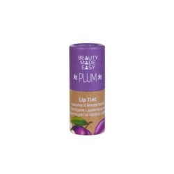 Close-up of the Plum Tinted Lip Balm in biodegradable cardboard packaging, labeled "Beauty Made Easy" with vibrant plum illustrations.