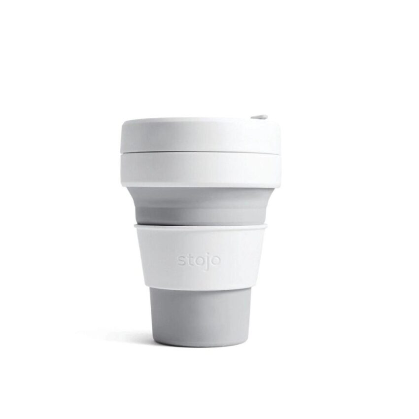 A front view of the Stojo Dove collapsible cup in light gray and white, fully expanded and standing upright.