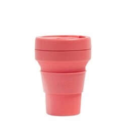 A fully opened Stojo Pocket Cup in Coral (355ml) with a secure lid, designed for hot and cold drinks.