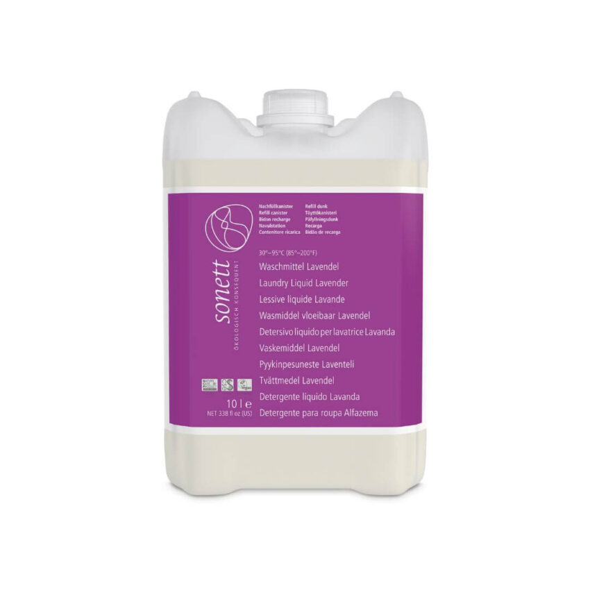 Een 10-liter container Sonett Wasmiddel Lavendel met een paars etiket, voorzien van meertalige productinformatie en icoontjes voor eco-certificering.