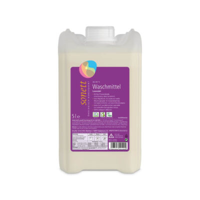 5-liter container Sonett Wasmiddel Lavendel met een paars etiket, met Duitse tekst over milieuvriendelijke ingrediënten, doseerinstructies en keurmerken voor vegan, biologisch afbreekbaar en natuurlijke verzorgingsproducten.