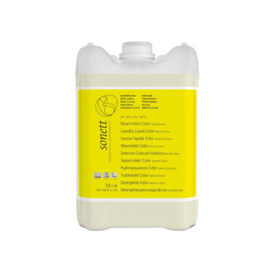 Een 10-liter fles Sonett Wasmiddel voor Gekleurde Was Munt & Citroen met een geel etiket, de productnaam, milieuvriendelijke details en de natuurlijke geur van munt en citroengras.